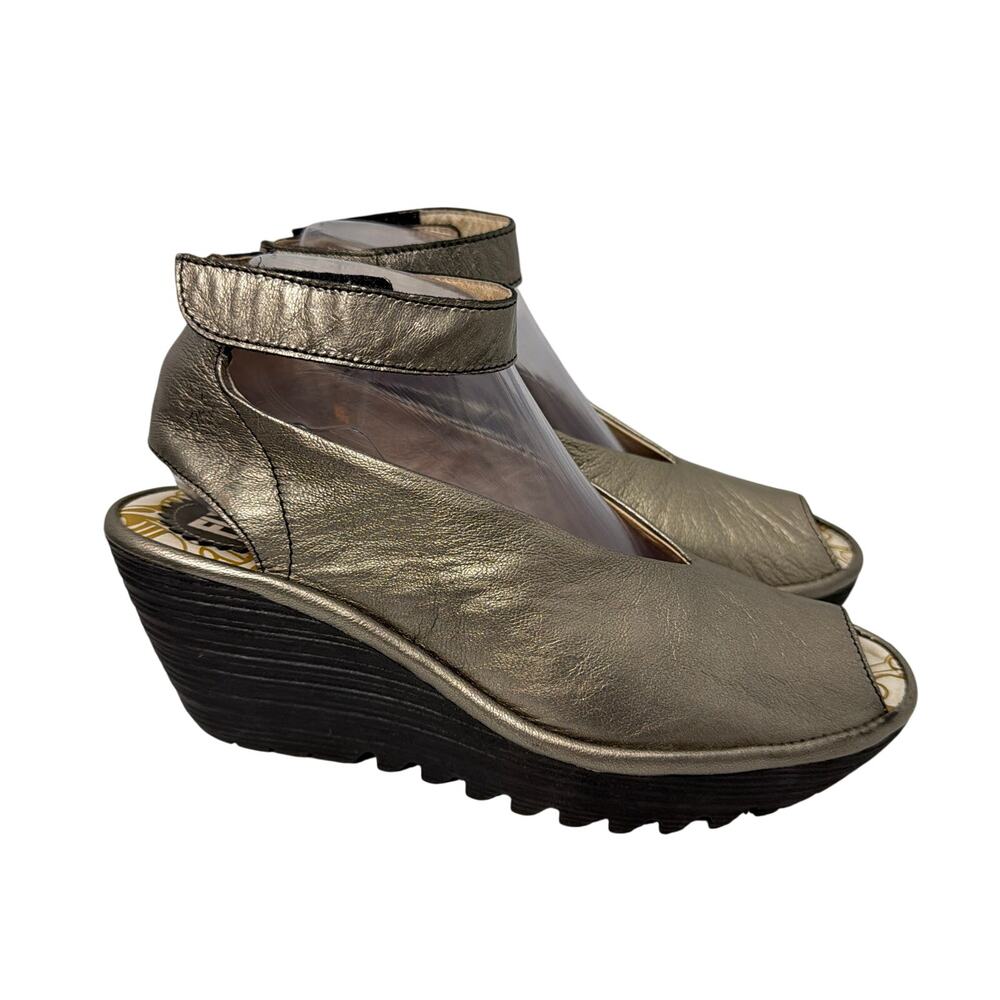 Fly London Metallic Pewter Leather Wedge Sandals